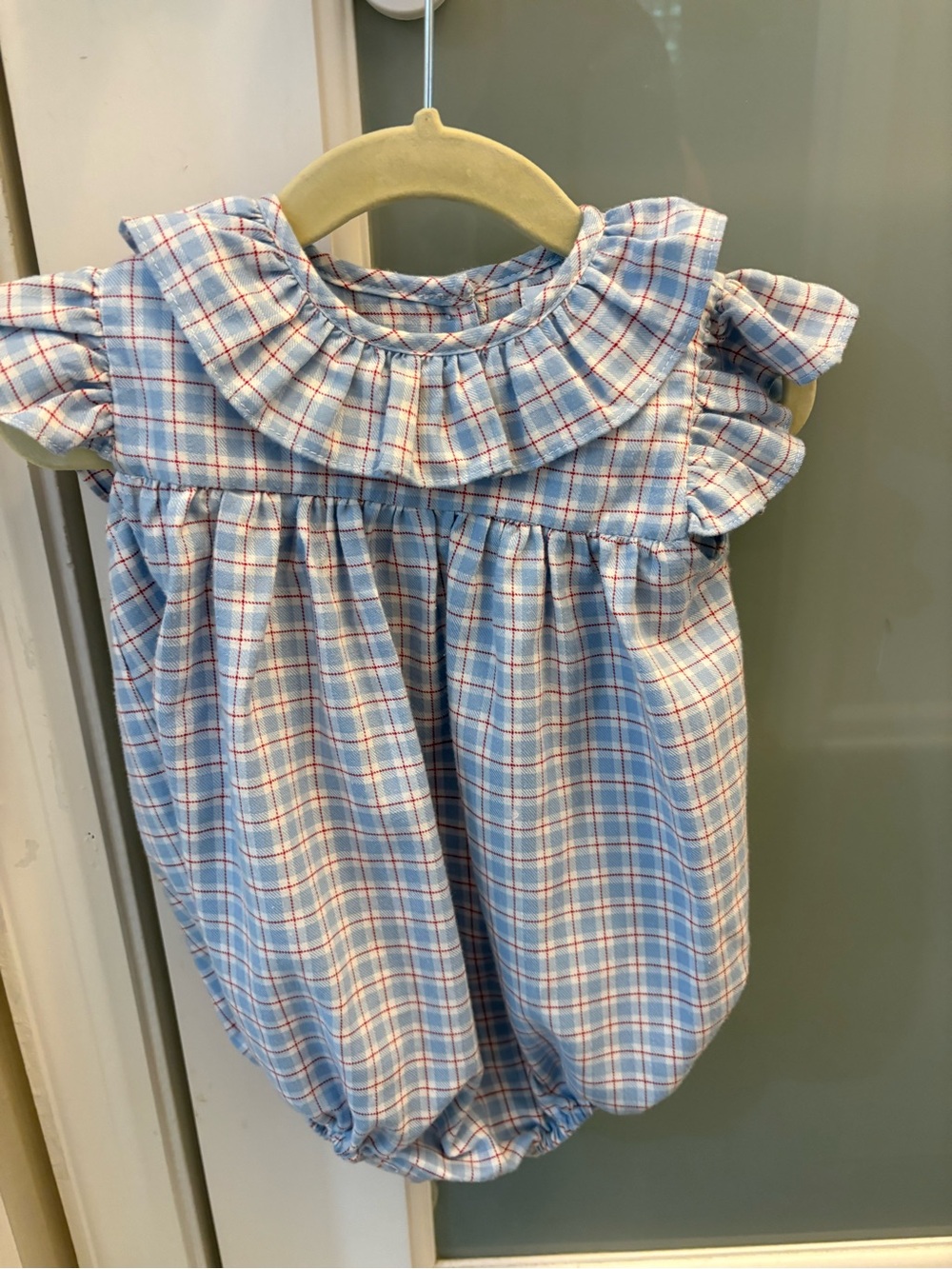 Baby Plaid Ruffle Collar Romper - Blue & White with Red Accents
